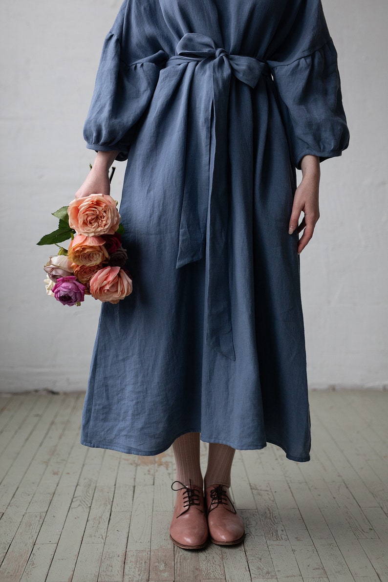 Dusty Blue Kimono Dress, Oversized Linen Dress, Linen Dress, Linen Dress for Women, Plus Size Linen Dress, Loose Linen Dress, Maxi Dress image 4