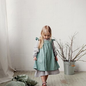 Mint Linen Pinafore Dress: Embroidered Baby Apron, Flower Girl Outfit image 4