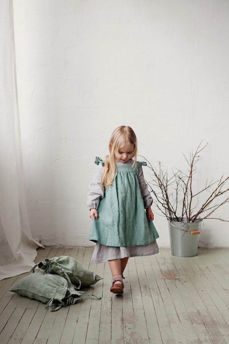 Mint Linen Pinafore Dress: Embroidered Baby Apron, Flower Girl Outfit image 4
