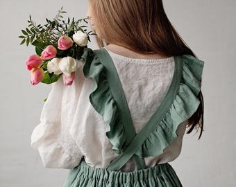 Mint Vintage Linen Dress: Ruffle Flutter Sleeve Apron, Elastic Waist