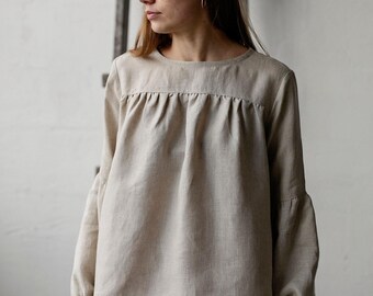 Túnica victoriana de lino natural: blusa de manga larga con volantes