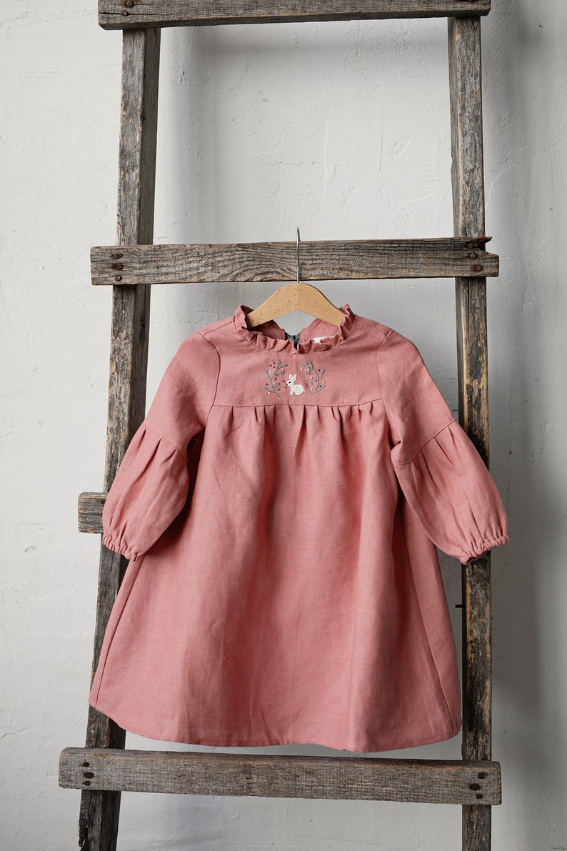 Salmon Ruffle Linen Dress, Baby Linen Dress, Baby Dress, Flower Girl Dress, Linen Clothes Girls, Dress Girls, Kids Clothing image 3