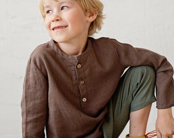 Cacao Long Sleeve Unisex Linen Shirt, Different Embroideries, Linen Shirt, Linen Shirt Boys, Linen Shirt Girls, Kids Shirt
