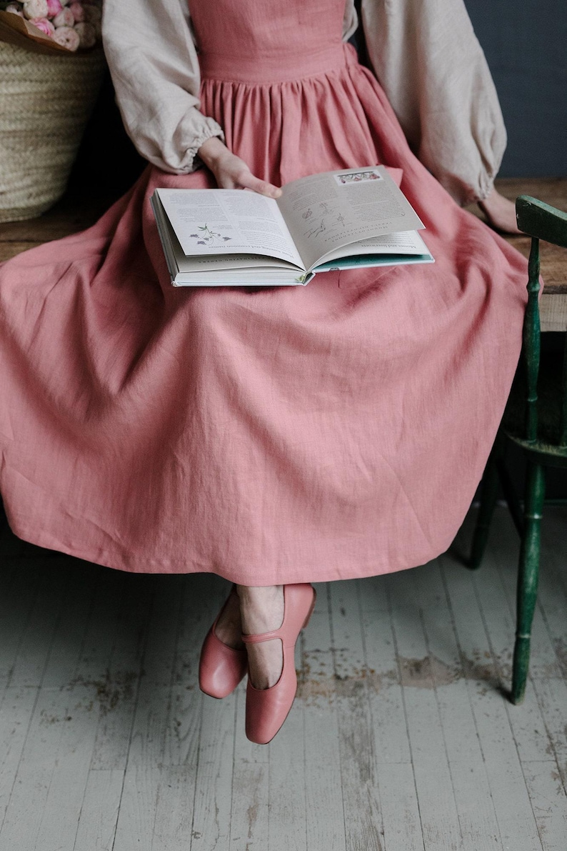 サーモンコテージリネンドレス：ポケット付きピナフォア、ゴムウエスト 画像 9
