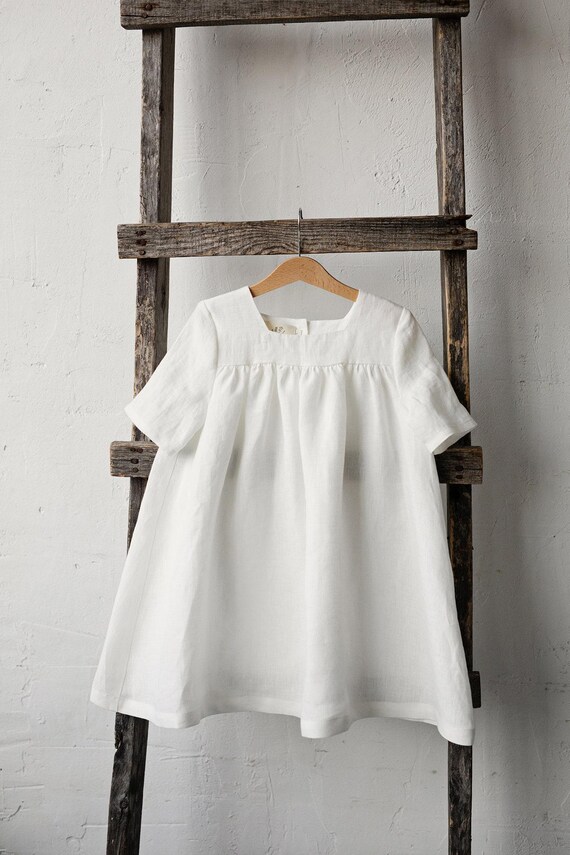 White Linen Baby Dress: Short Sleeve Classic Girls Clothing