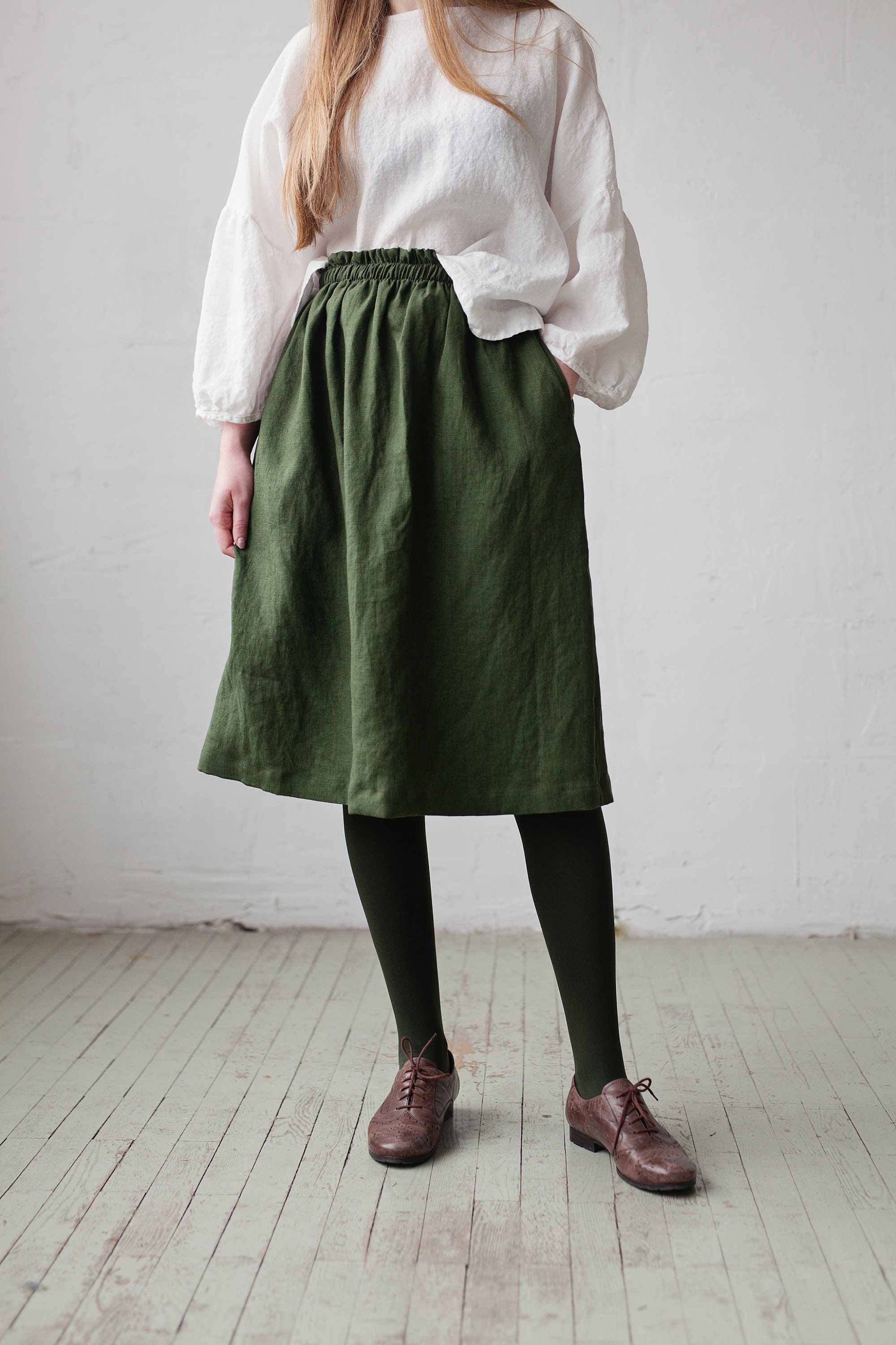 【10％OFF】 Midi Classic Green Forest Skirt, Skirt Linen Skirt, Linen スカート