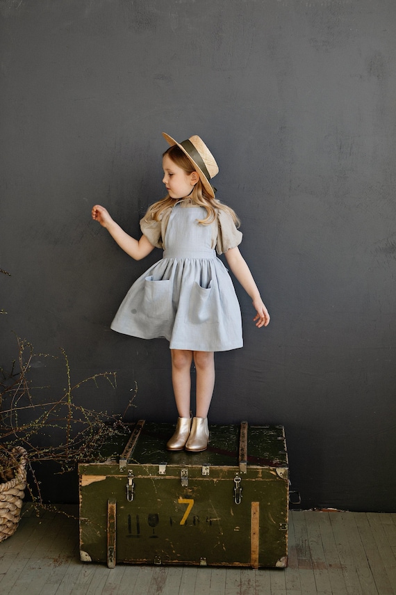 Baby Blue Linen Pinafore Dress: Cross Back Apron for Girls