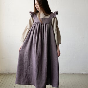 Mauve Prairie Dress, Linen Dress with Flutter Sleeves, Oversized Apron, Linen Dress with Wings, Linen Dress for Women, Victorian Style image 5