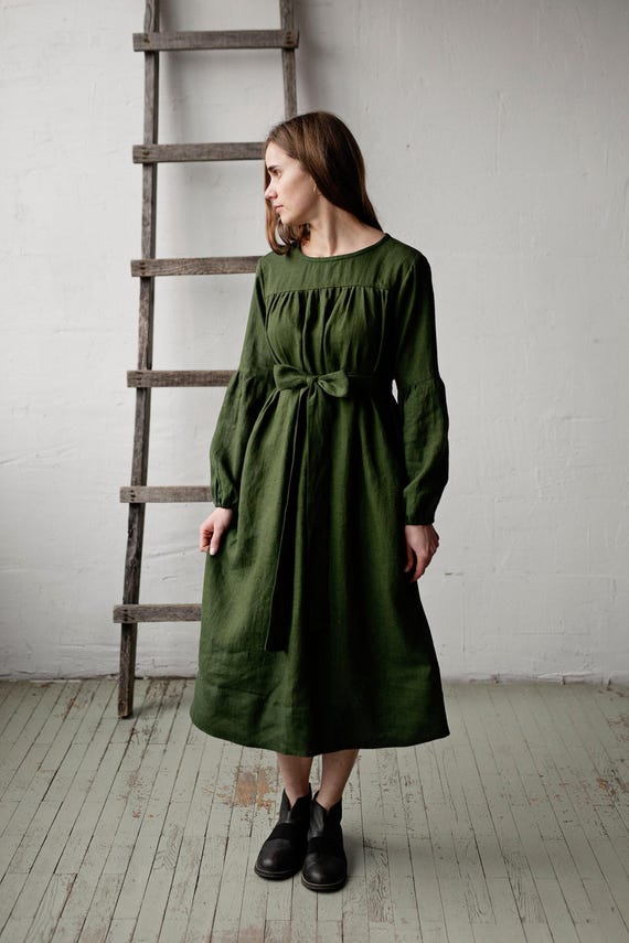 forest green work dress Victorian Linen Evening Dresses Elegant