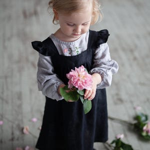 Black Linen Pinafore Dress: Ruffled Sleeves, Girls Apron image 5