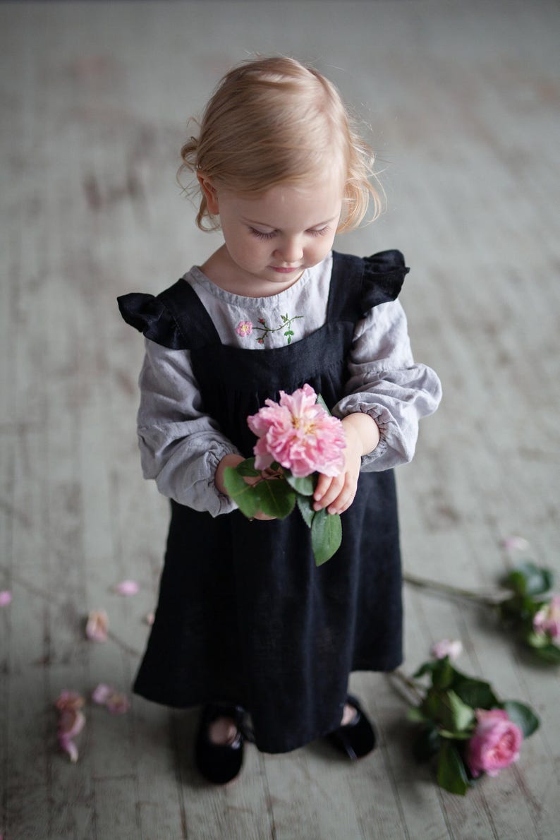 Black Linen Pinafore Dress: Ruffled Sleeves, Girls Apron image 5