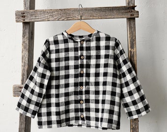 Kids Linen Plaid Shirt: Long Sleeve Check Shirt with Coconut Buttons