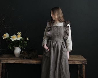 Brown Stripe Vintage Linen Apron: Victorian Cottagecore Style