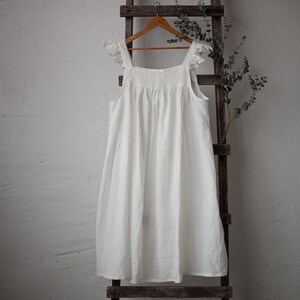 White Prairie Dress, Linen Dress With Flutter Sleeves, Oversized Apron