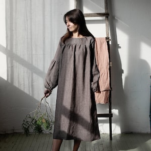 Brown Stripe Victorian Dress, Linen Dress, Victorian Style Dress, Linen Dress for Women, Linen Maxi Dress, Long Sleeve Linen Dress