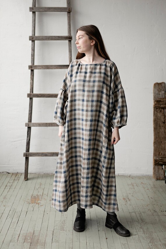 Plaid Kimono Linen Maxi Dress: Oversized Beach Dress