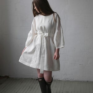 White Short Kimono Dress, Linen Dress, Linen Dress for Women, Lounge Linen Dress, Loose Linen Dress, Midi Linen Dress