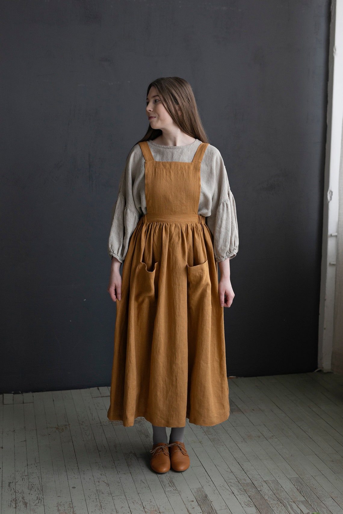 Mustard Cottage Dress Linen Pinafore Dress Elastic Waist | Etsy UK