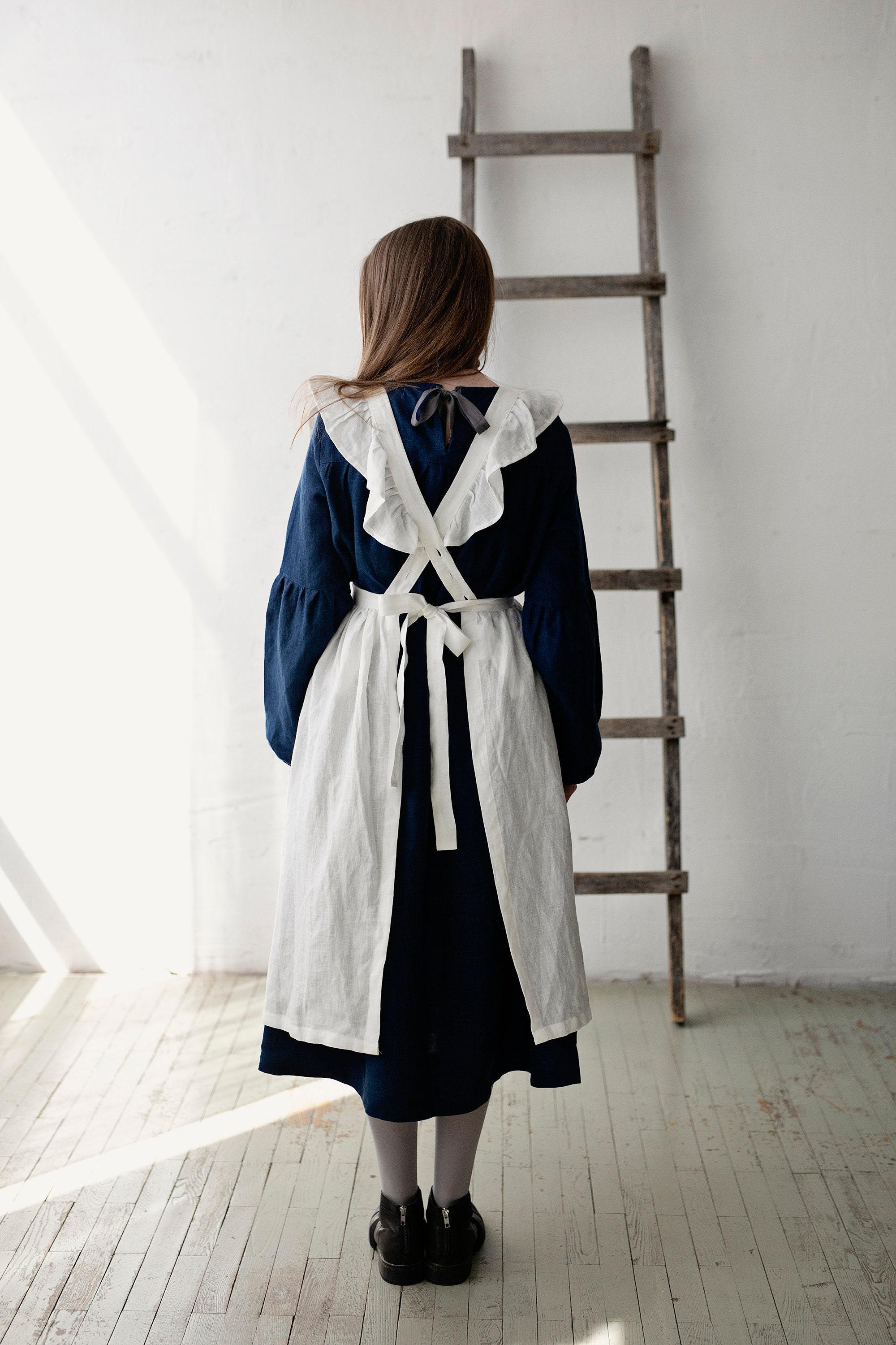 White Vintage Linen Apron: Victorian Cottagecore Style, Midi