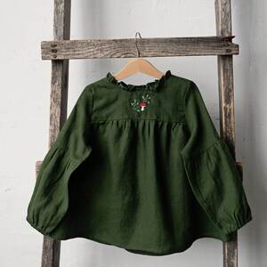 Forest Green Short Ruffle Linen Tunic, Linen Shirt for Girls, Long Sleeve Linen Tunic, Girl Linen Top, Baby Shirt, Linen Girl Shirt zdjęcie 5