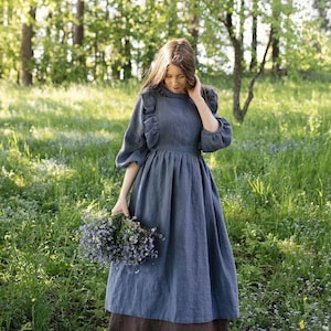 Dusty Blue Vintage Linen Apron: Victorian Cottagecore Style