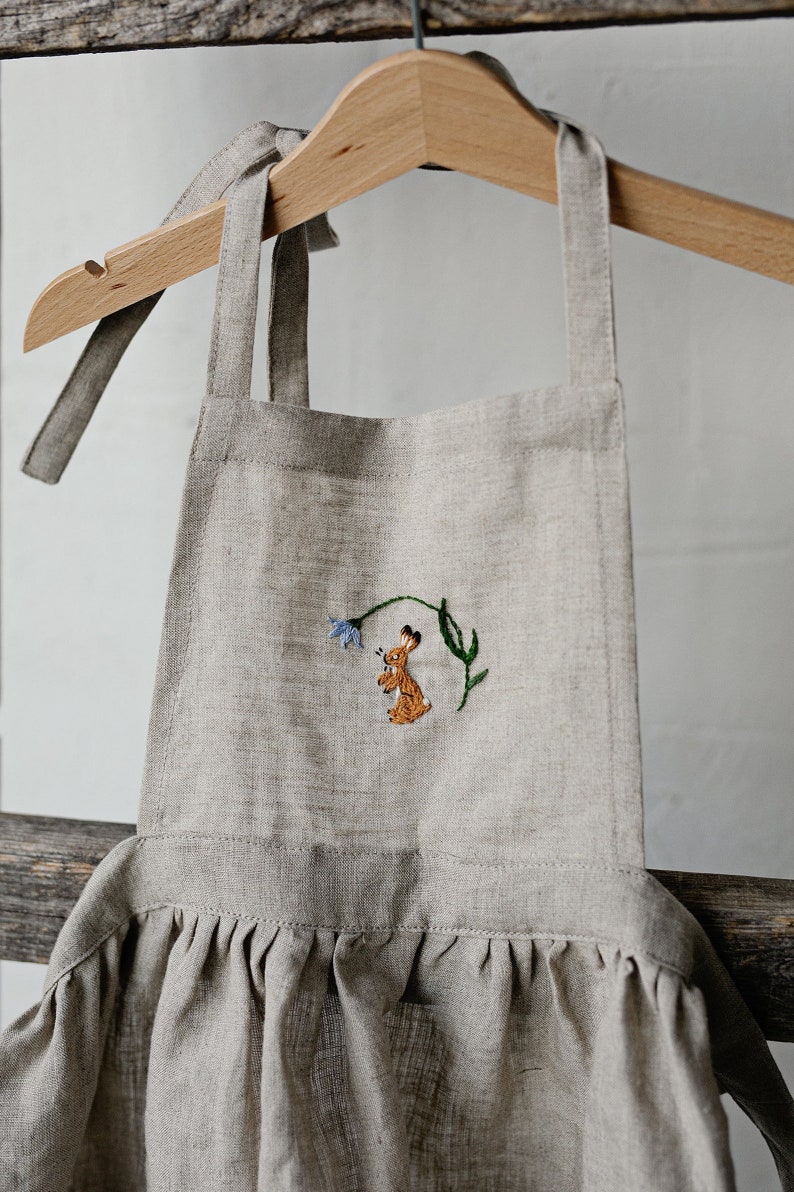 Natural Linen Apron, Girl Linen Apron, Different Embroideries, Linen Apron for Girls, Linen Apron for Kids, Linen Pinafore for Girls image 7