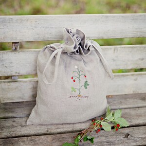 Linen Pouch Bag, Different Colours, Wild Strawberry Embroidery, Laundry Bag, Nursery Decor, Toy Storage Bag, Bread Bag, Gift for Women image 5