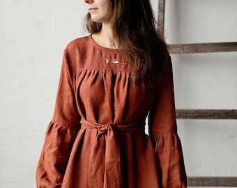 Rust Victorian Linen Dress - Midi Length with Pockets