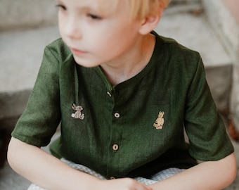 Embroidered Linen Kids Shirt: Forest Green Short Sleeve, Coconut Buttons
