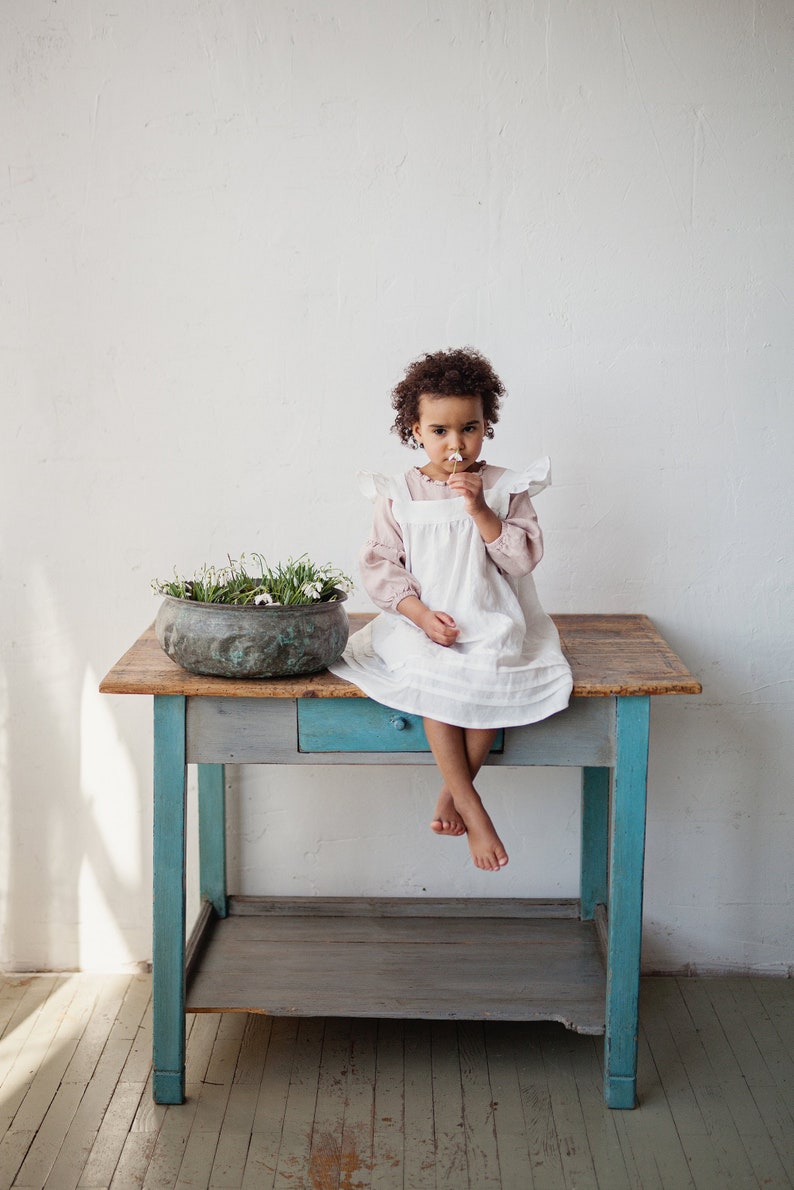 White Open Back Pinafore Dress, Pinafore Girls, Baby Apron, Flower Girl Dress, Linen Pinafore, Dress Girls, Wedding Dress for Girls image 4