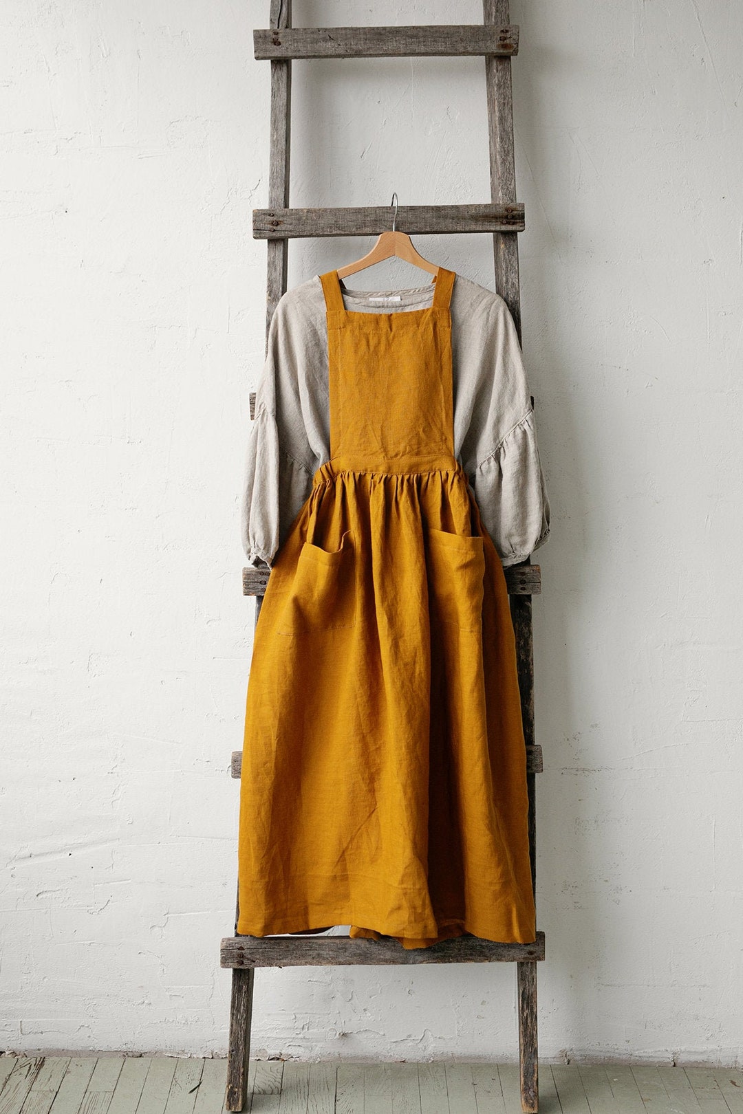 Gold Cottage Dress Linen Pinafore Dress Elastic Waist Dress Etsy Ireland