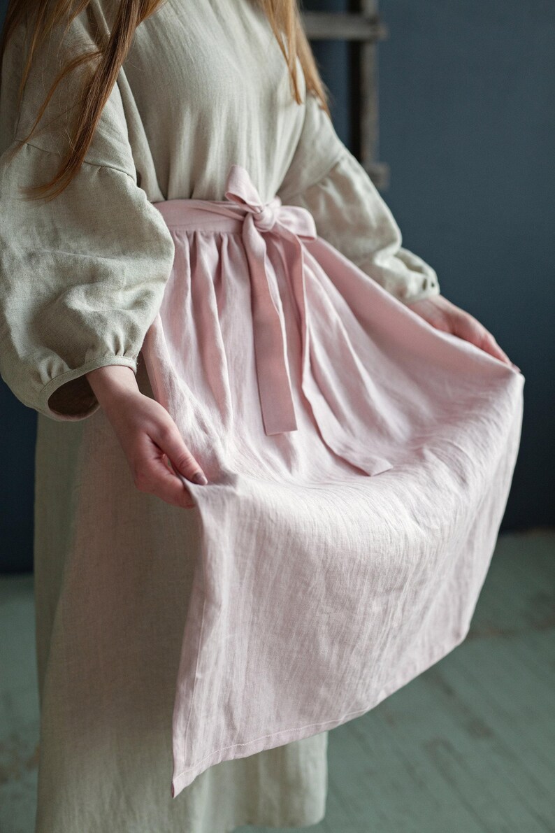 Baby Pink Linen Apron: Cottagecore Kitchen Skirt image 4