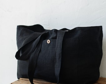 Black Classic Bag, Linen Tote Bag, Linen Bag, Shoulder Bag, Linen Tote, French Linen Bag, Market Bag, Washed Linen Bag, Reusable Bag