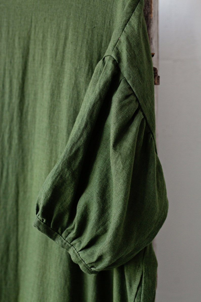 Forest Green Ruffle Kimono Dress, Oversized Linen Dress, Linen Dress, Linen Dress for Women, Plus Size Dress, Loose Linen Dress, Maxi Dress image 8