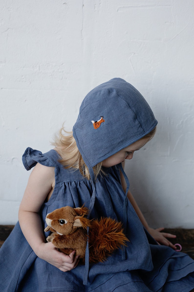 Dusty Blue Classic Bonnet, Kids Linen Bonnet, Different Embroideries, Unisex Linen Bonnet, Linen Hat for Kids, Hand Embroidery image 2