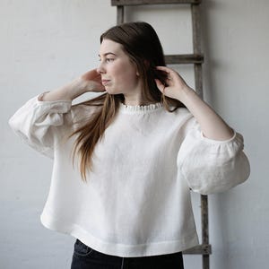 White Linen Tunic: Romantic Ruffle Neckline, Oversized Kimono Blouse image 3