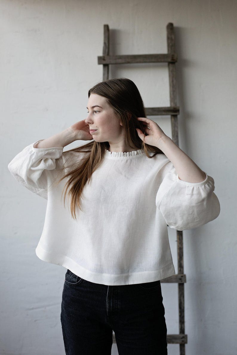 White Linen Tunic: Romantic Ruffle Neckline, Oversized Kimono Blouse image 3