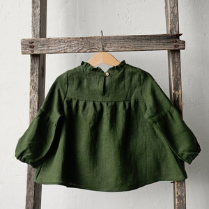 Forest Green Short Ruffle Linen Tunic, Linen Shirt for Girls, Long Sleeve Linen Tunic, Girl Linen Top, Baby Shirt, Linen Girl Shirt zdjęcie 3