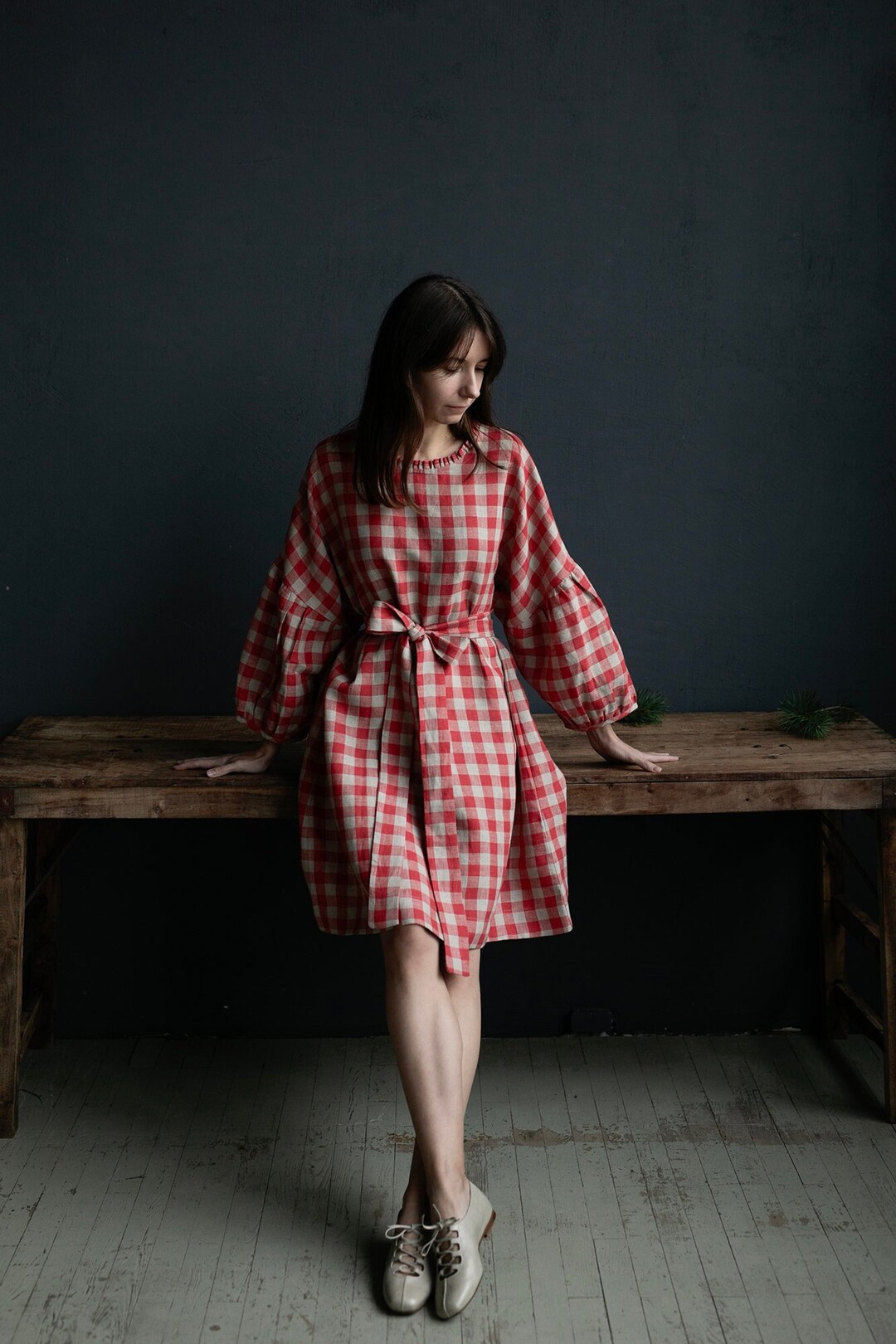 Daisy Short Linen Dress: Cherry Color, Loose Fit (One Size) Daisy Short Linen Dress: Cherry Color, Loose Fit (One Size)