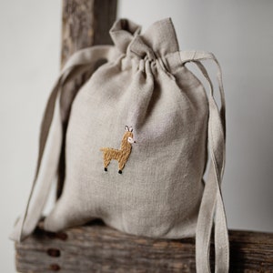 Linen Pouch Bag, Different Colours, Alpaca Embroidery, Laundry Bag, Nursery Decor, Toy Storage Bag, Bread Bag, Gift for Women