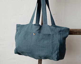 Bolso tote de lino azul marino: bolso francés reversible