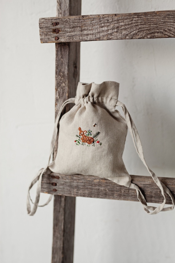 Linen Kids Backpack: Fawn Embroidery Toy Bag - Etsy display picture 1