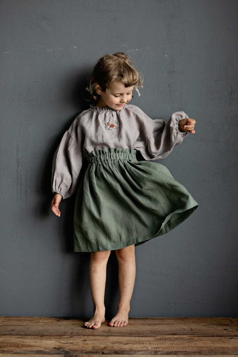 Sage Midi Skirt, Linen Midi Skirt, Different Embroideries, Simple Skirt, Baby Girl Skirt, Linen Clothes for Kids, Washed Linen Skirt image 1