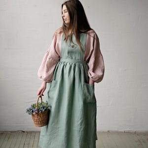 Mint Long Cross Back Pinafore, Linen Pinafore, Linen Apron, Cooking Apron, Kitchen Linen Apron, Apron for Women, Washed Linen Pinafore