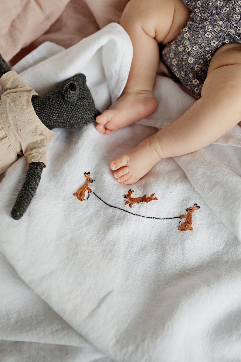 White Linen Baby Blanket Linen Newborn Blanket Embroidered Etsy