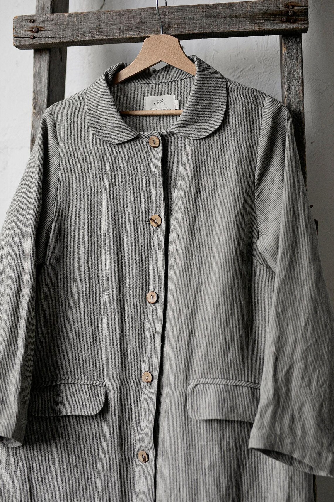 B&W Stripe Classic Linen Coat, Linen Coat for Women, Hand Embroidery, A ...