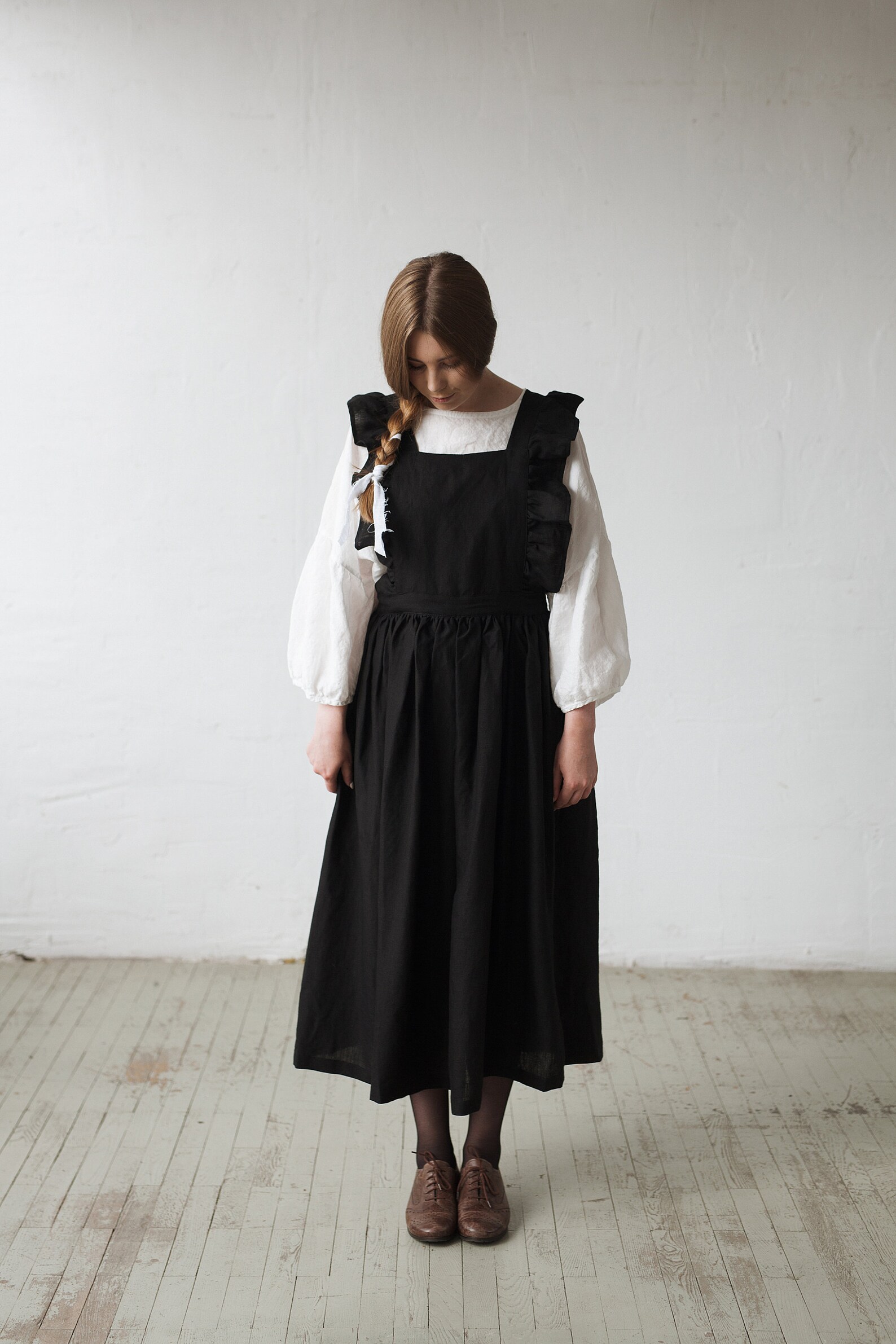 Black Long Vintage Dress Linen Pinafore Dress Elastic Waist - Etsy