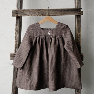 Brown Stripe Classic Linen Dress, Baby Linen Dress, Baby Dress, Linen Clothes Girls, Dress Girls, Kids Clothing, Linen Girl Dress