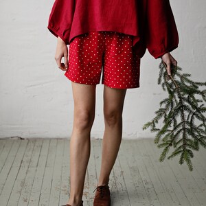 Red Polka Dot Festive Shorts, Linen Shorts, Over the Knee Shorts, Women Shorts, Linen Shorts for Women, High Waist Shorts, Loungewear image 5