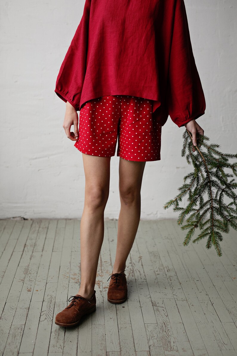 Red Polka Dot Festive Shorts, Linen Shorts, Over the Knee Shorts, Women Shorts, Linen Shorts for Women, High Waist Shorts, Loungewear image 5